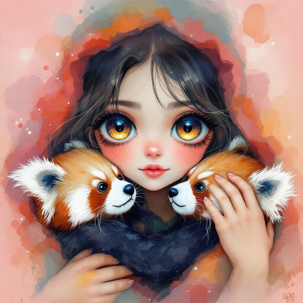 AI generated: Watercolour photorealistic illustration encaustic whimsical portrait young girl face glassy eyes hug...
