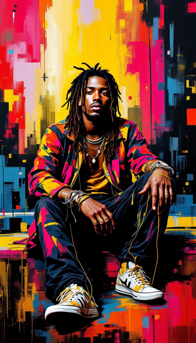AI generated: "Urban Musician in Rhythmic Colors": A mesmerizing abstract painting captures the essence of a 25-ye...