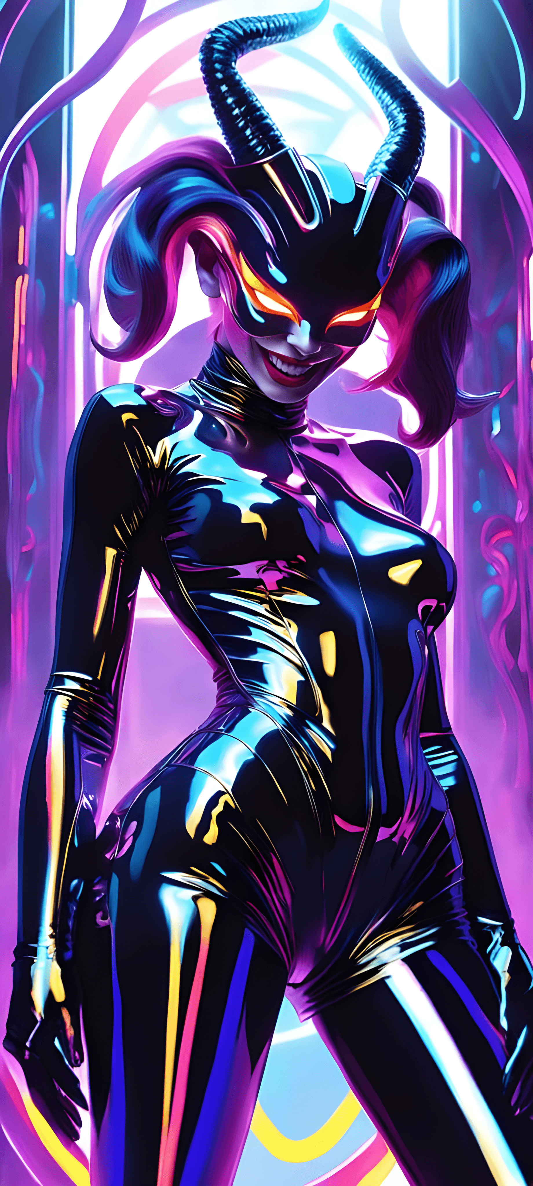 AI generated: at the gates of the hell with demons terrifying, fallen soul. in an ultra-shiny, tight-fitting, irid...