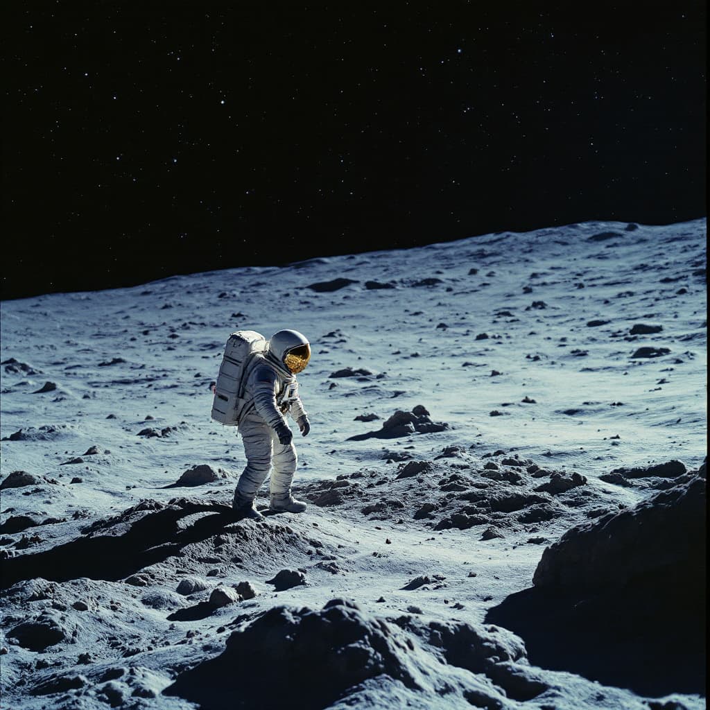 AI generated: Astronaut on the moon with the sky filled with black space, cold color palette, muted colors, very d...