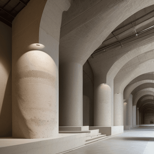 AI generated: rustic, subterranean museum, curvaceous, organic architecture interior raw limestone quarry blocks, ...