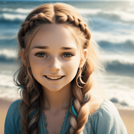 AI generated: A hippie woman with beautifully braided hair. naturally cute. portrait photo by the sea, dynamic pos...