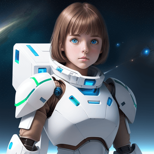 AI generated: Girl in white armor, brown hair, green eyes, floating in space and her small white robot with blue l...