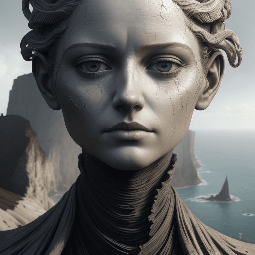 AI generated:  art statue in cliffs, in the style of realistic hyper-detailed portraits, cryengine, detailed facia...