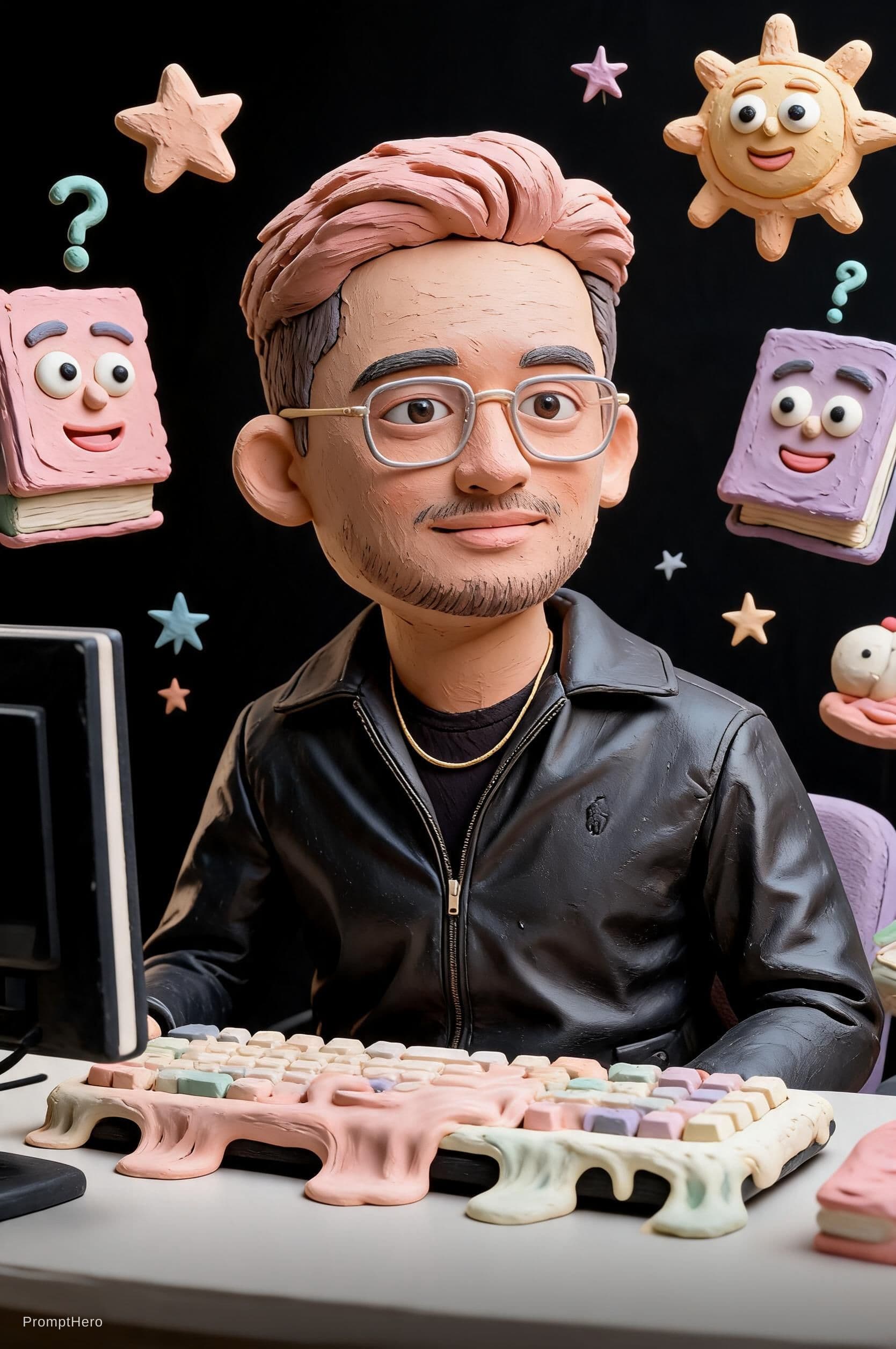AI generated: surreal editorial composition, hyperrealistic human mixed with handmade plasticine sculptures, tacti...