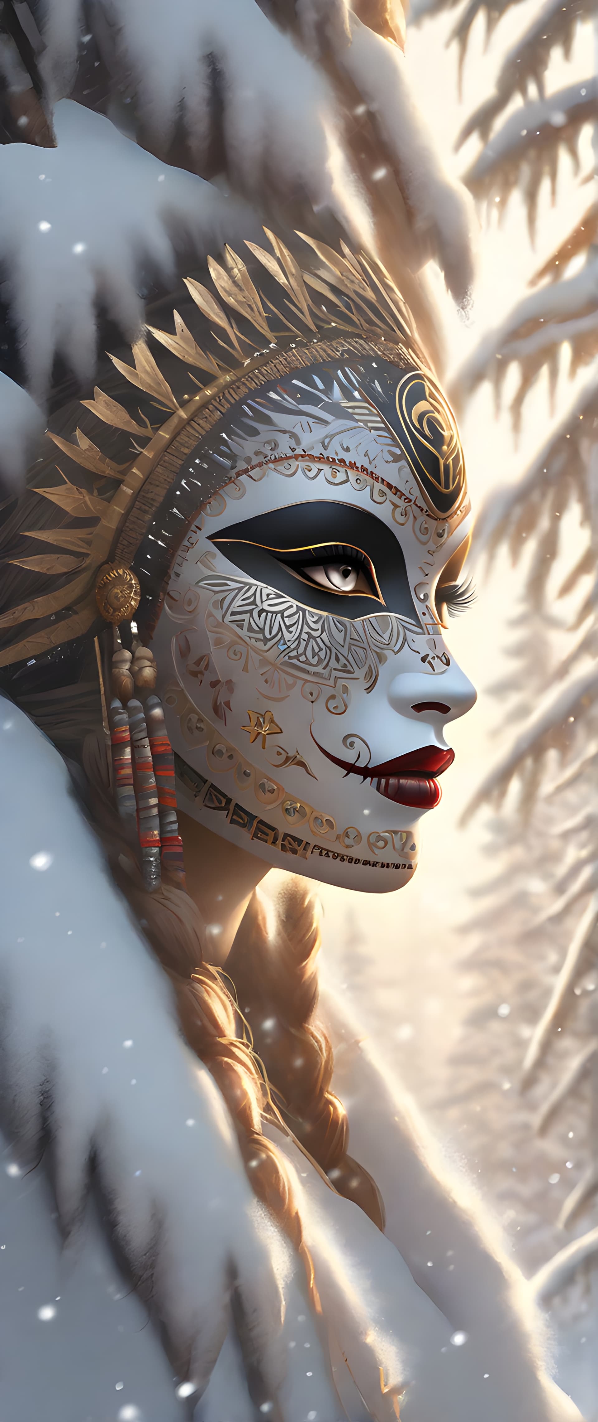 AI generated: DamShelma's art capturing an awe-inspiring lady donning traditional African voodoo mask, encircled b...