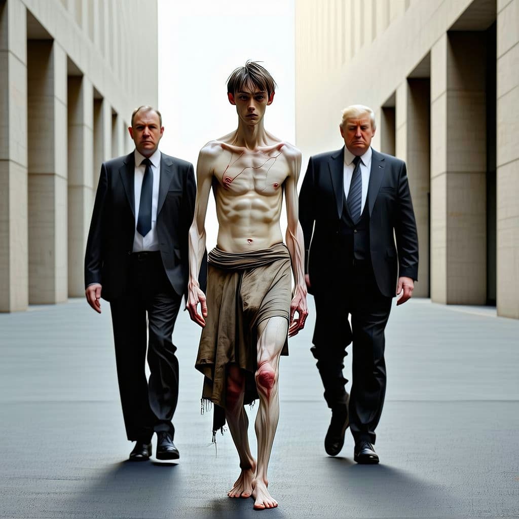 AI generated: A thin man dressed in ragged clothes walks along a wide street, accompanied by two guards in busines...