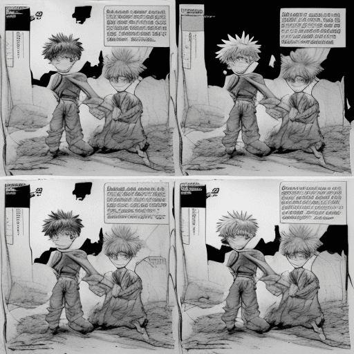 AI generated: comic book strips, comic book cartoon storyboard, color, comic book strip, storyboard Gon and Killua...