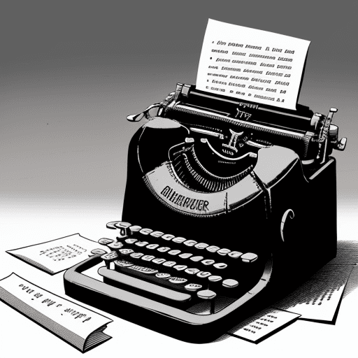 AI generated: illustration typewriter mixed with a gun, shooting, papers around, poor light, black background, noi...