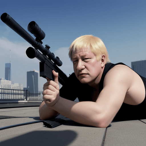 AI generated: Boris Yeltsin lying on the rooftop with a sniper rifle