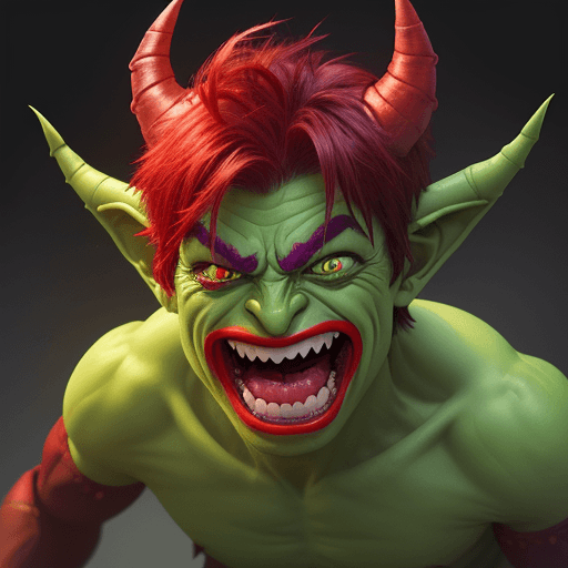 AI generated: Generate an emoji of a green goblin with red horns, red eyes, a few green pimples, worn down face, l...
