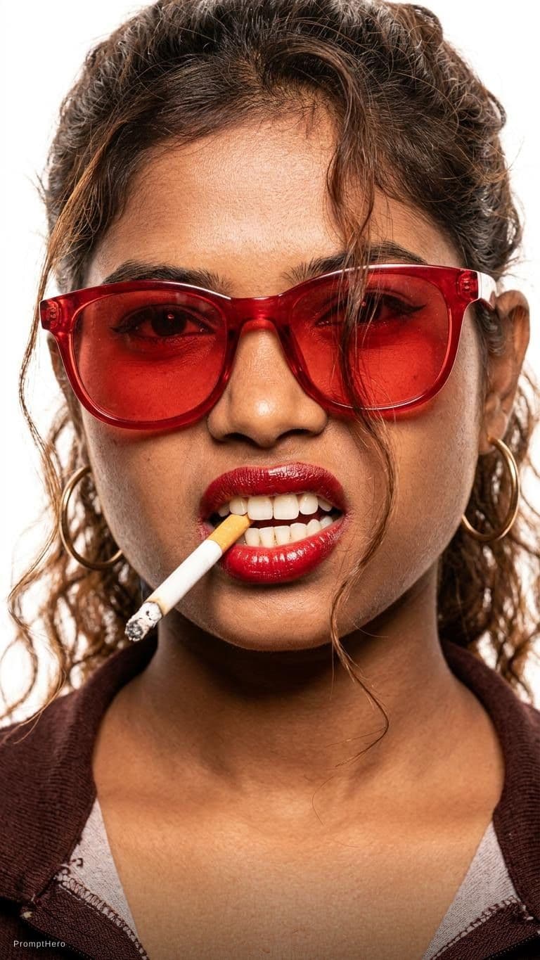 AI generated: {
  "subject": {
    "gender": "female",
    "pose": "extreme close-up of face, lips parted biting c...