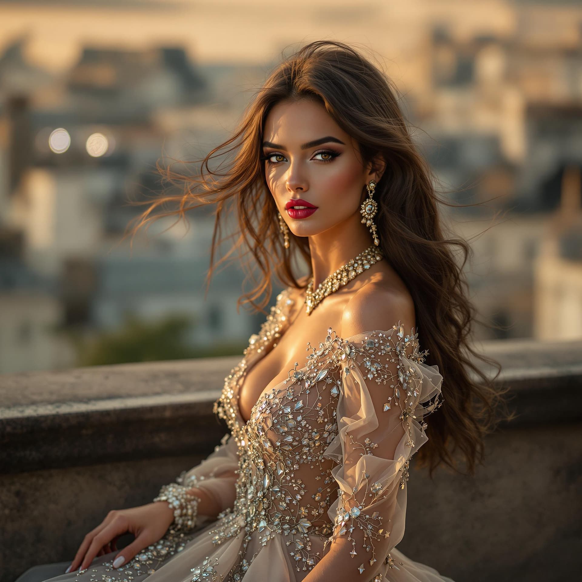 AI generated: High Fashion Editorial Shot, Vogue-inspired, Cinematic Lighting)
((Stunning long brown hair supermod...