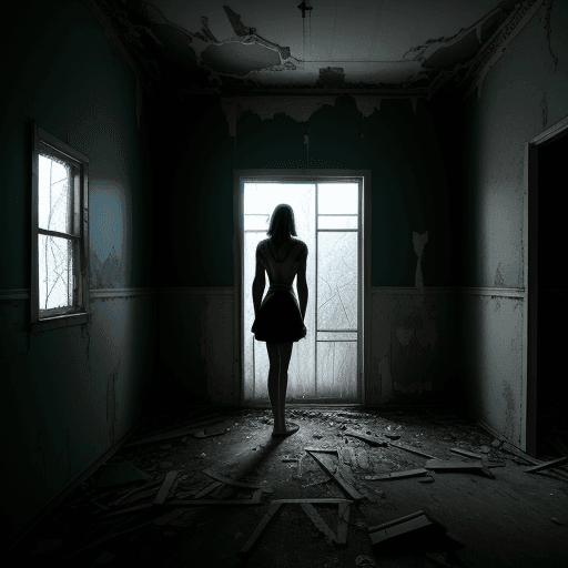 AI generated: Standing alone in an abandoned house, a woman's backside, night, dark, long shot