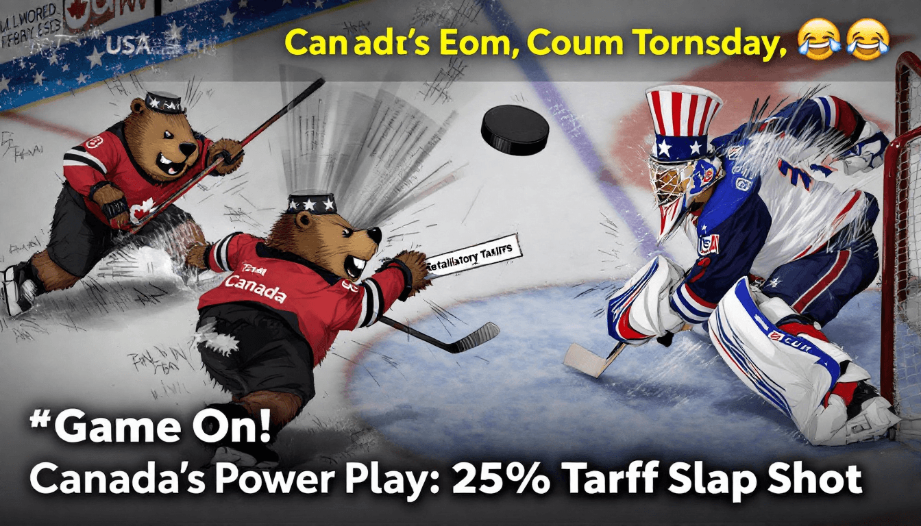 AI generated: Visual: A hockey game where Team Canada (beaver players) slaps a puck labeled "Retaliatory Tariffs" ...