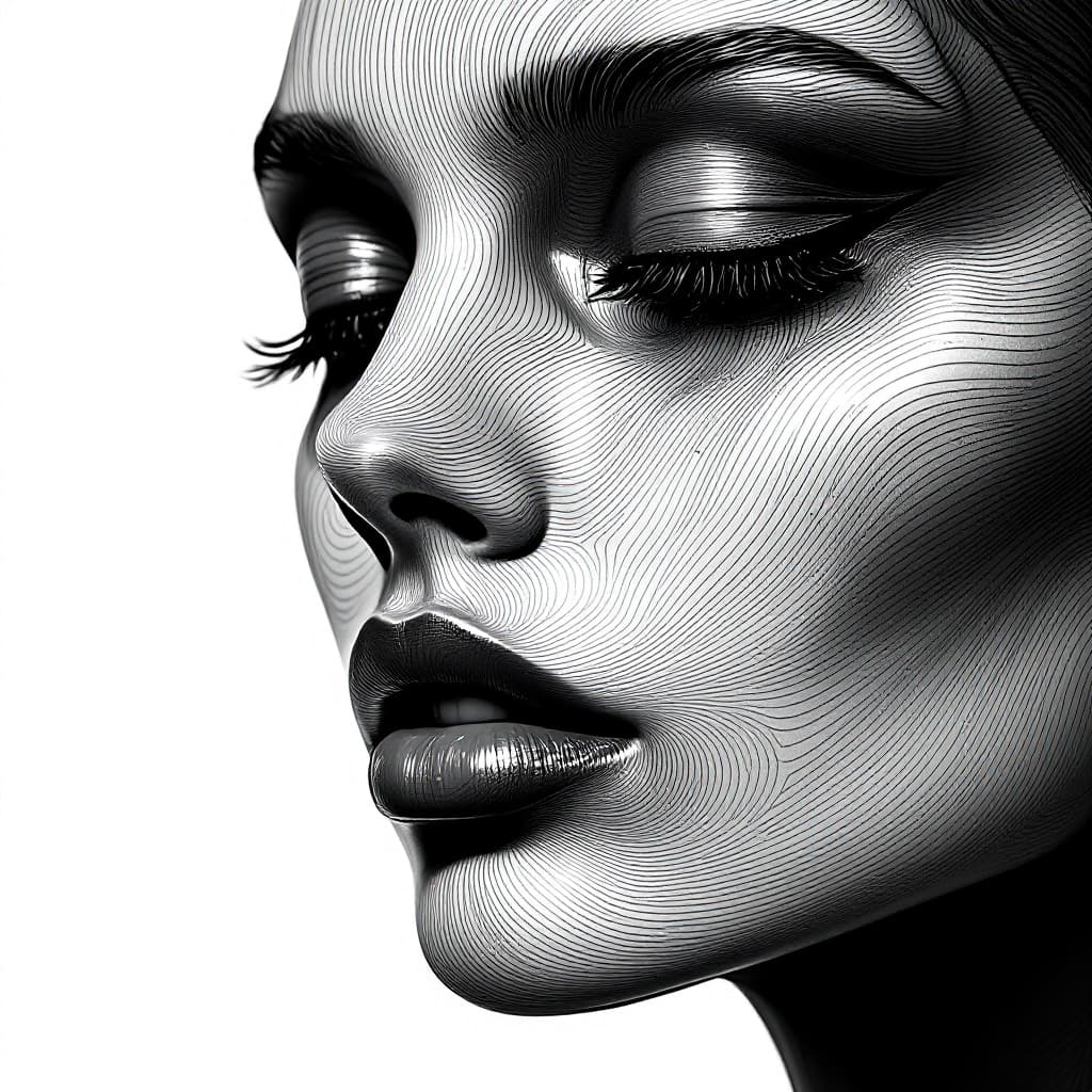 AI generated: Um rosto humano feminino representado como um Sussurro de Tinta, usando diferentes tons de tinta pre...