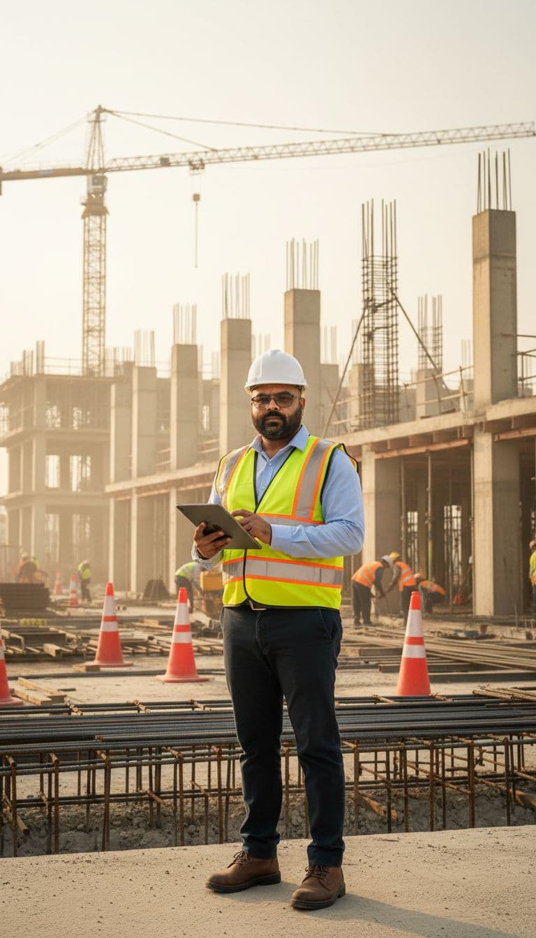 AI generated: A professional site engineer is standing at an active construction site during a routine site visit....