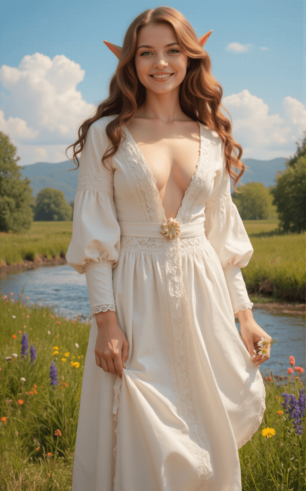 AI generated: A captivating portrait of a joyful, full-figured young female elf radiates enchantment and warmth. H...