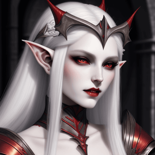 AI generated: Altmer elf woman, white long hair, pale skin, vampire fangs, beautiful, pointy short ears, red eyes,...