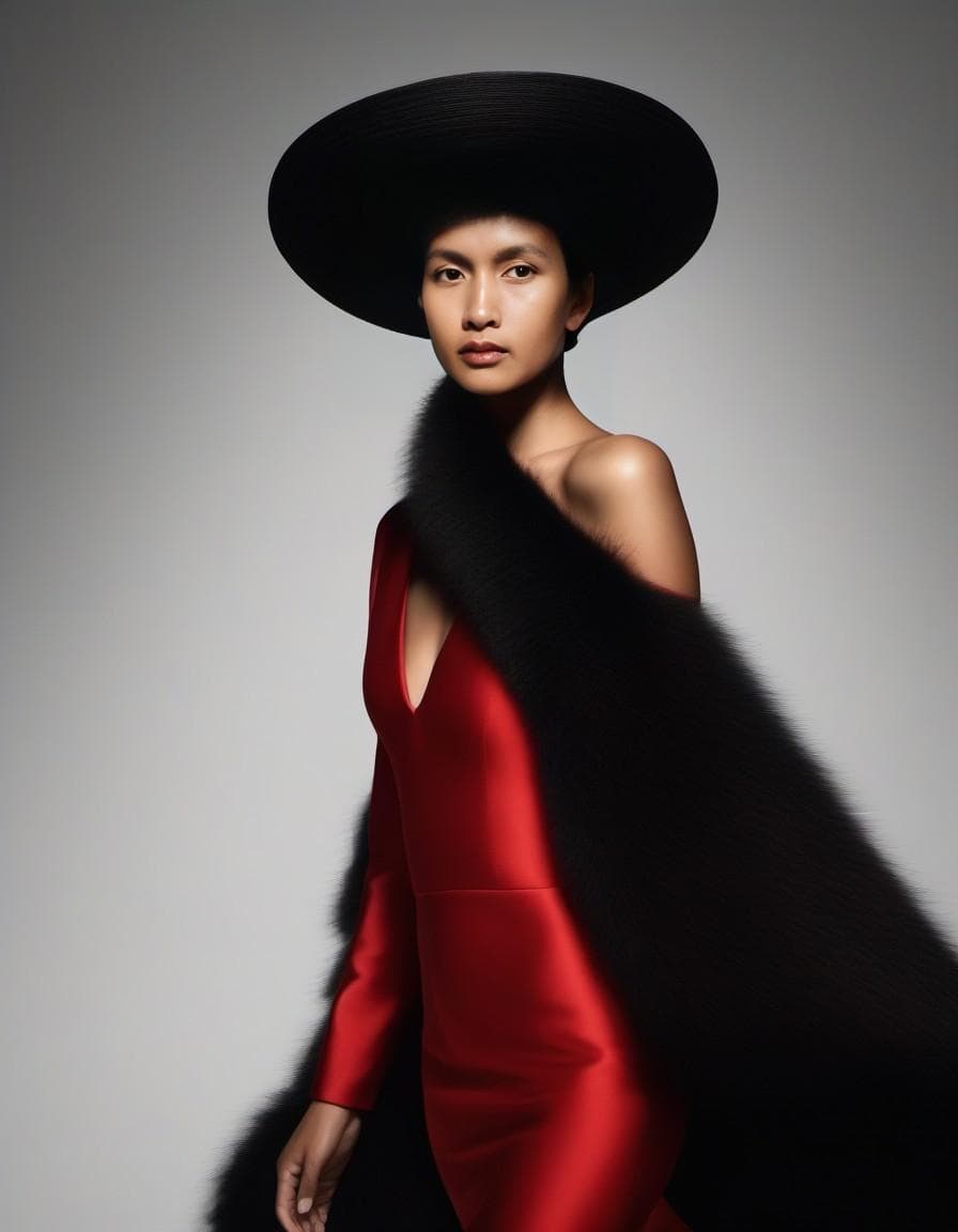 AI generated: a woman in a red dress walking down a runway, fur cape, elize theron, artforum, fernand keller, sony...