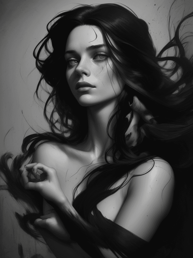 AI generated: art print of a woman with long black hair, in the style of messy, martin ansin, olivier valsecchi, b...