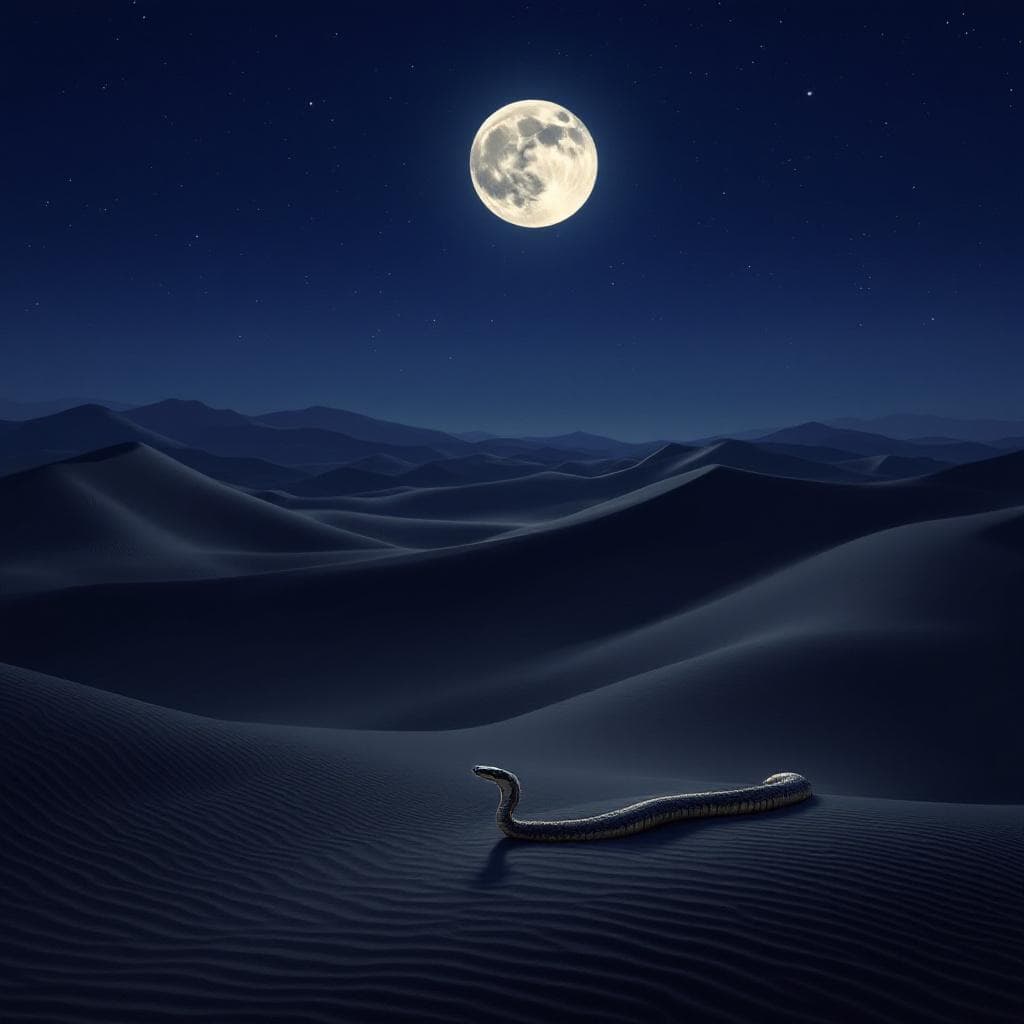 AI generated: A desert scene at night. Billowing hills of sand lit by the moonlit. A sidewinder snake crawls effor...