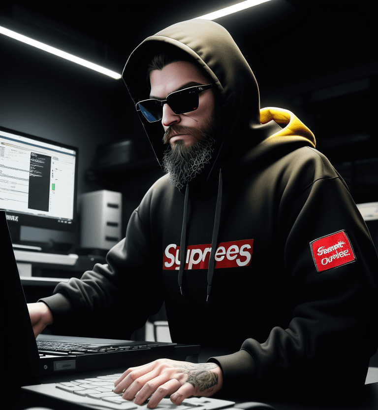 AI generated: hacker, front stance, looking forward, dark room, coder, computer, man, medium beard, cool, grunge, ...