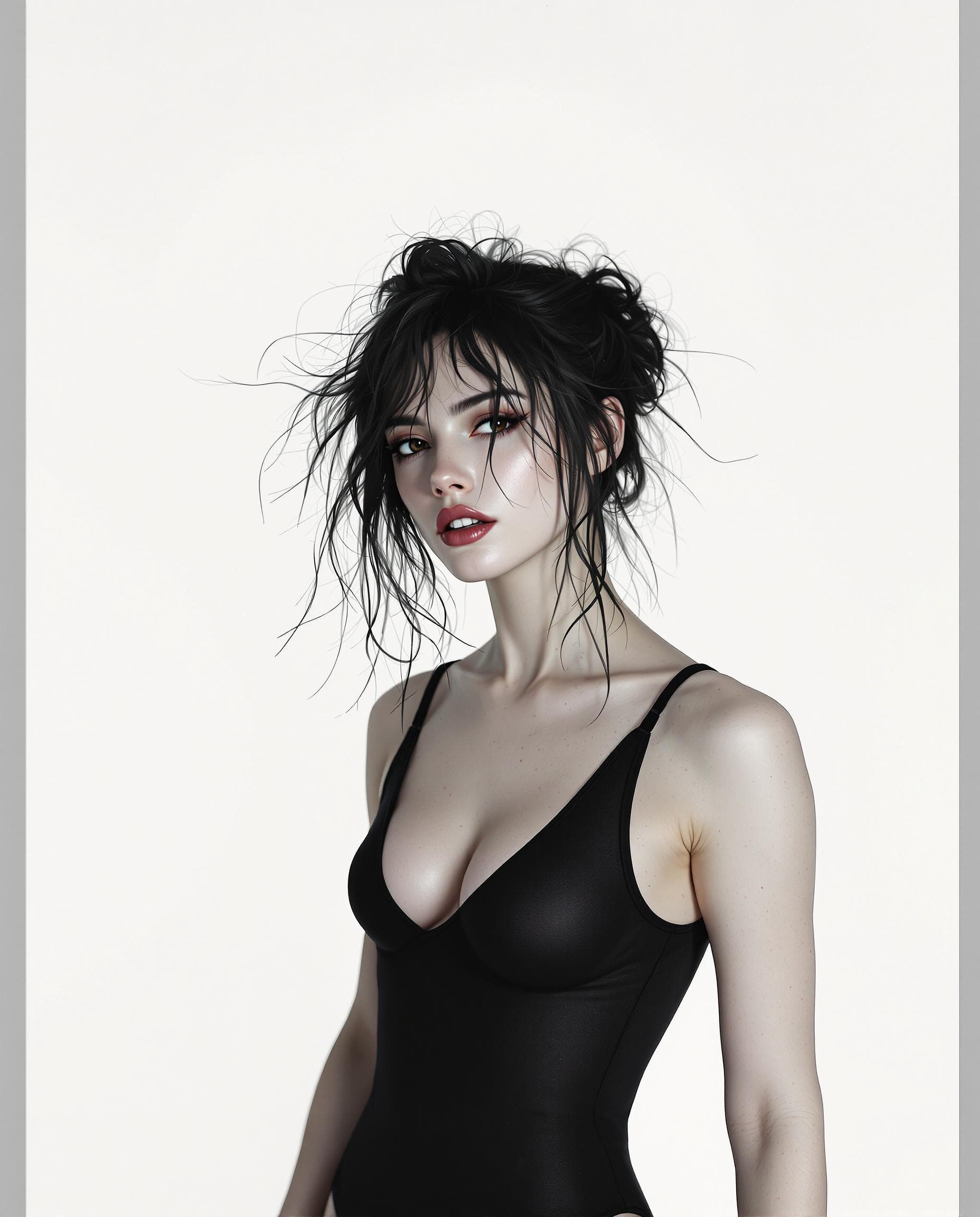 AI generated: a photo of a  woman in a Leotard(detailed face), (detailed realistic skin) messy hair, simple white ...