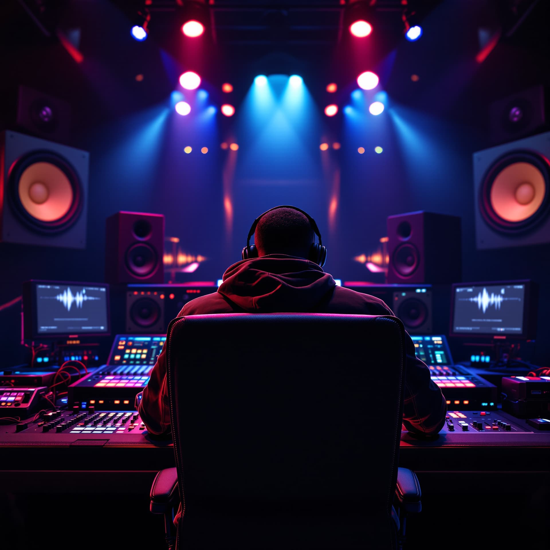 AI generated: back of a black man in hip hop urban gear as he is mixing music sitting at a huge production console...
