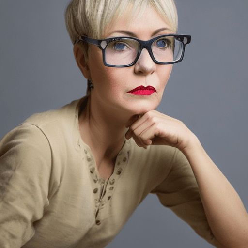 AI generated: photo of Blonde 50 years old, modern pixie haircut, gray eyes, glasses on the face, plump lips, Ukra...