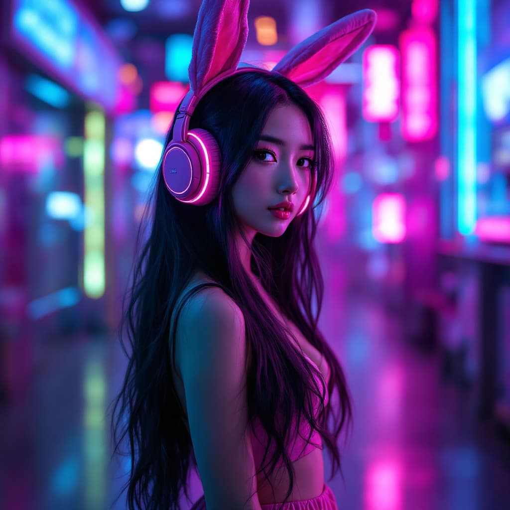 AI generated: The pink bunny asian girl in the cyber world is a cyberpunk (full body photo), with beautiful long h...