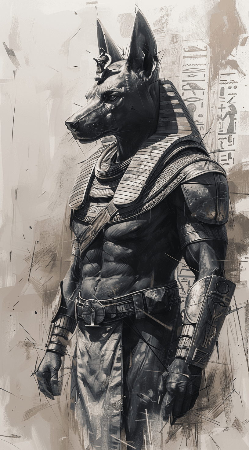 AI generated: tattoo design sketch of Anubis in the style of Egyptian armor, full body, black and white tattoo on ...