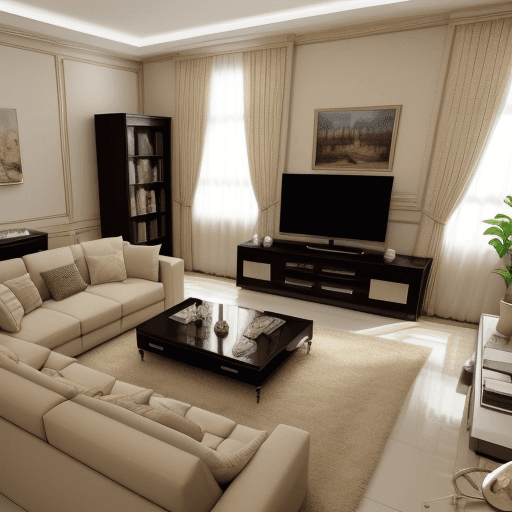 AI generated: photograph, living room to relax my mind and eyes after day so hard in work  be living room big and ...