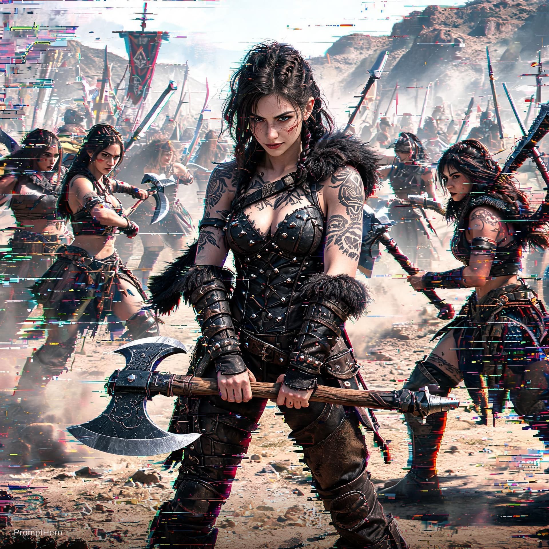 AI generated: Datamoshing. Full body shot 3/4 view of a young beautiful tattooed and scarred female barbarian warr...