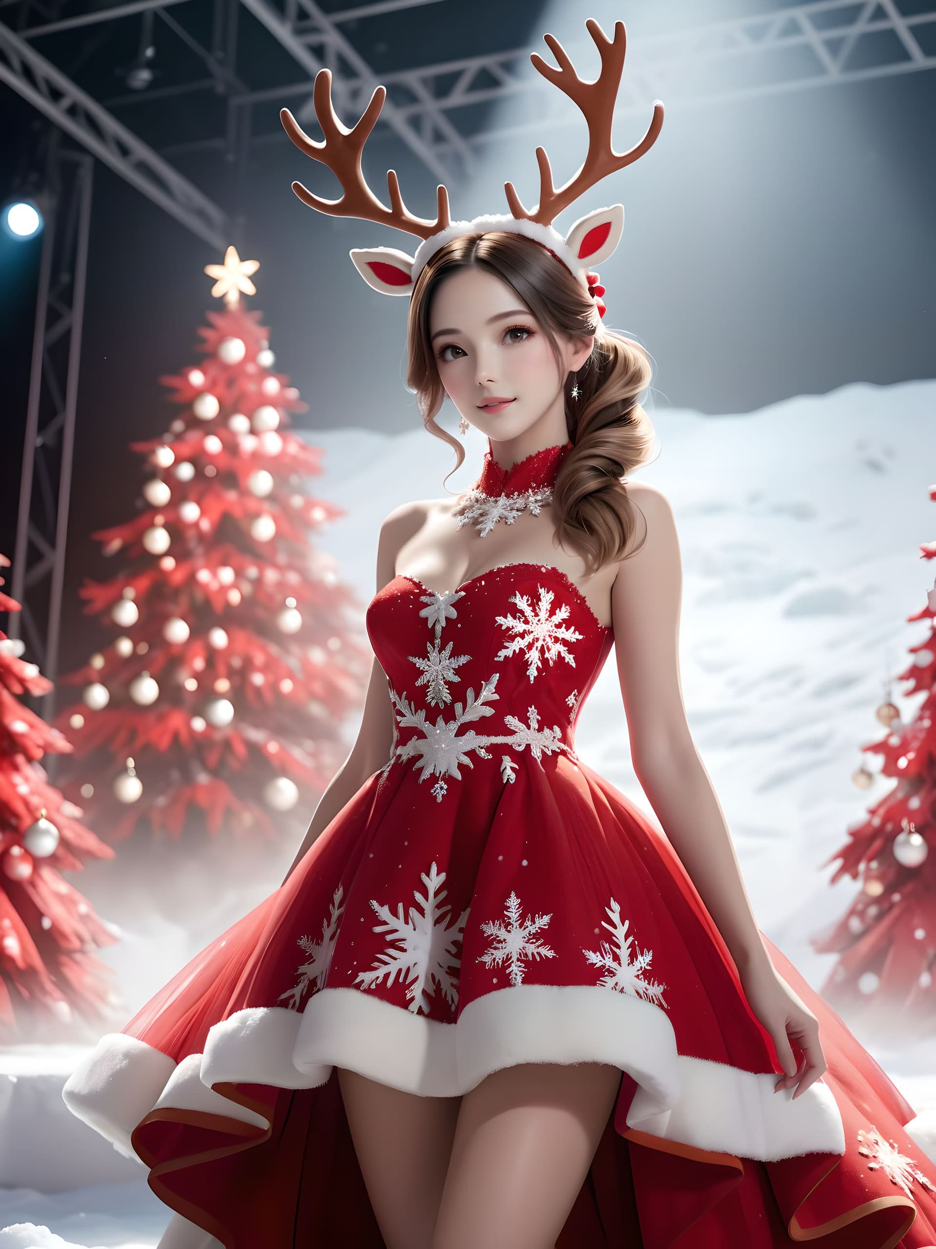 AI generated: Christmas fashion show stage, perfect stage, Christmas atmosphere, Fashionist, snow crystals, rudolp...