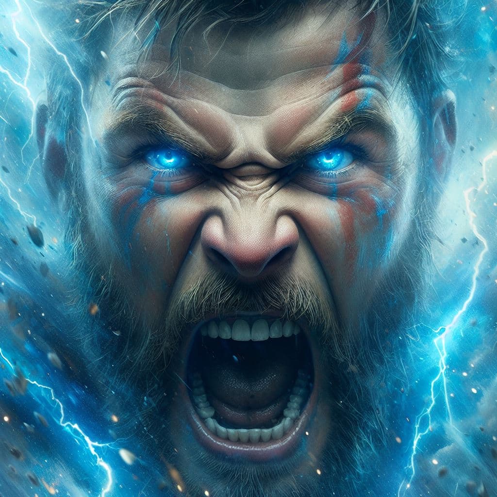 AI generated: Close-up of face of Thor screaming, in a fit of rage, blue eyes, Masterpiece, gigantic scale, ascii-...