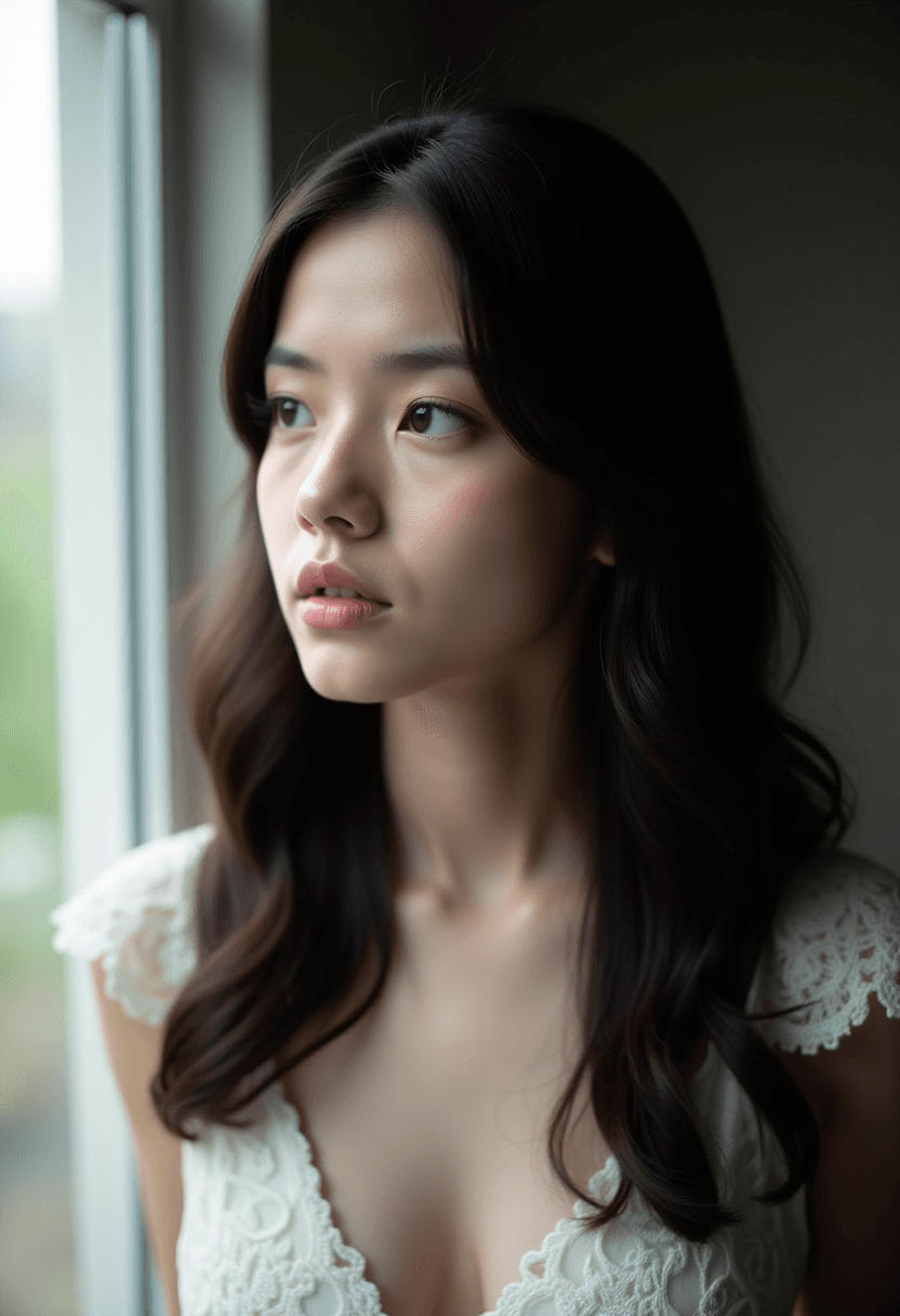 AI generated: We see a young woman with long, dark hair and fair skin. She is dressed in an elegant white lace top...