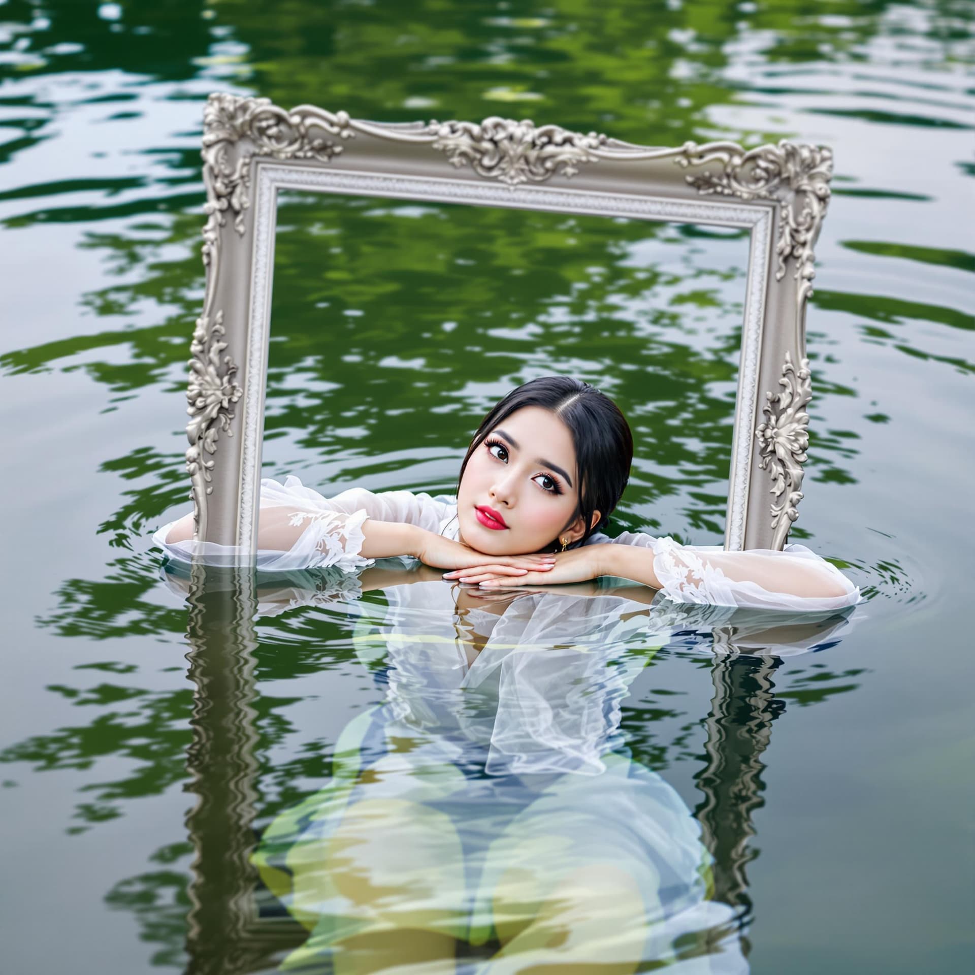 AI generated: A visually captivating photograph shows a woman submerged in water up to her shoulders, framed perfe...