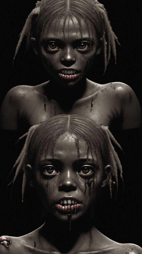 AI generated: have a black background with the main girl's face all ugly, and her bottom lip is missing, showing h...