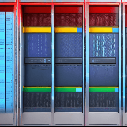 AI generated: enterprise server, A sleek, modern server rack, A small screen on the server displaying key performa...