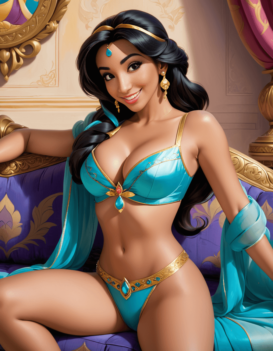 AI generated: NSFW, painting of one sexy princess jasmine from alladin in disney style sitting on couch in palace,...