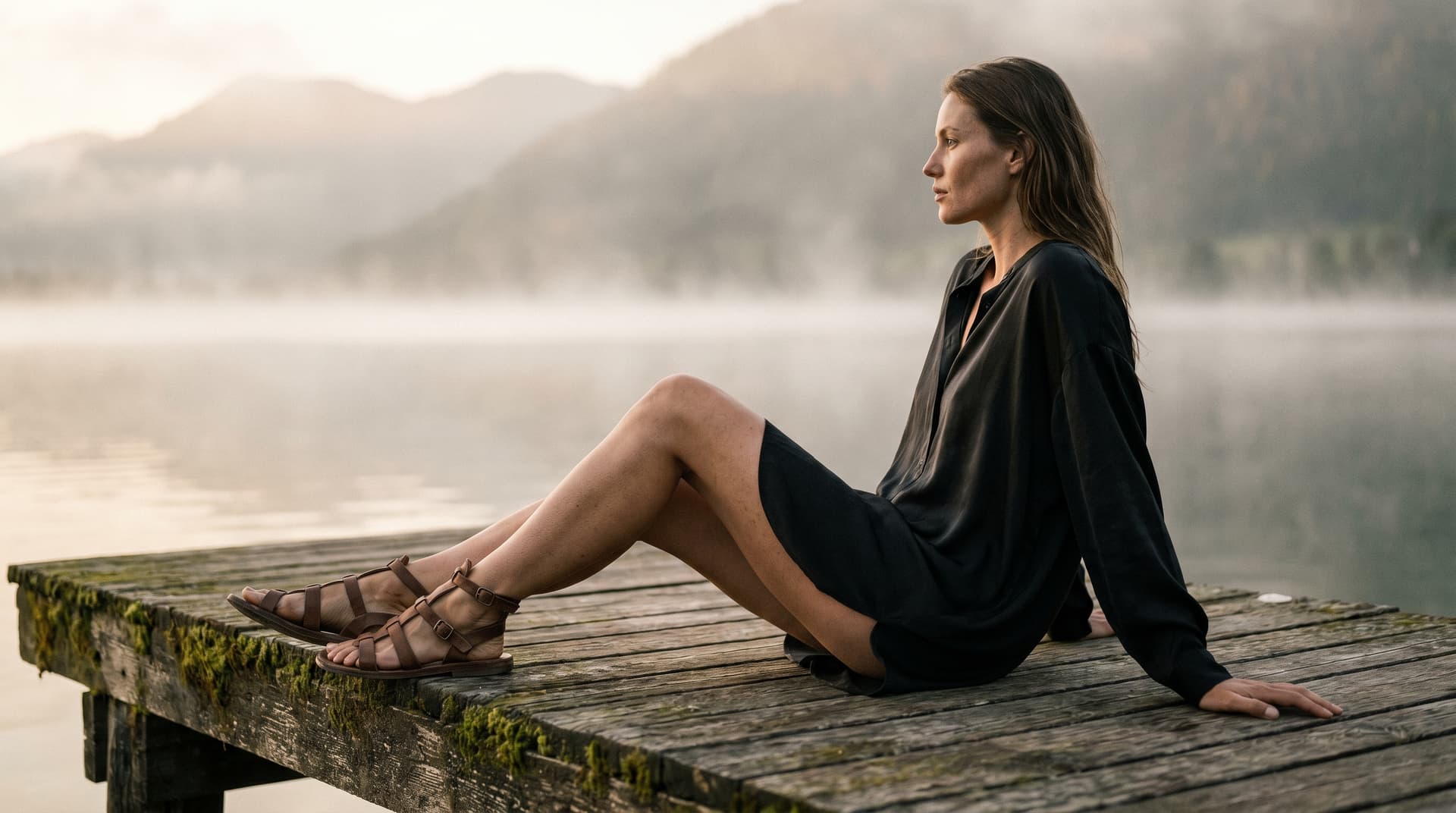 AI generated: (Nano Banana Pro) High-fashion editorial photography of a woman sitting on an aged wooden dock by a ...