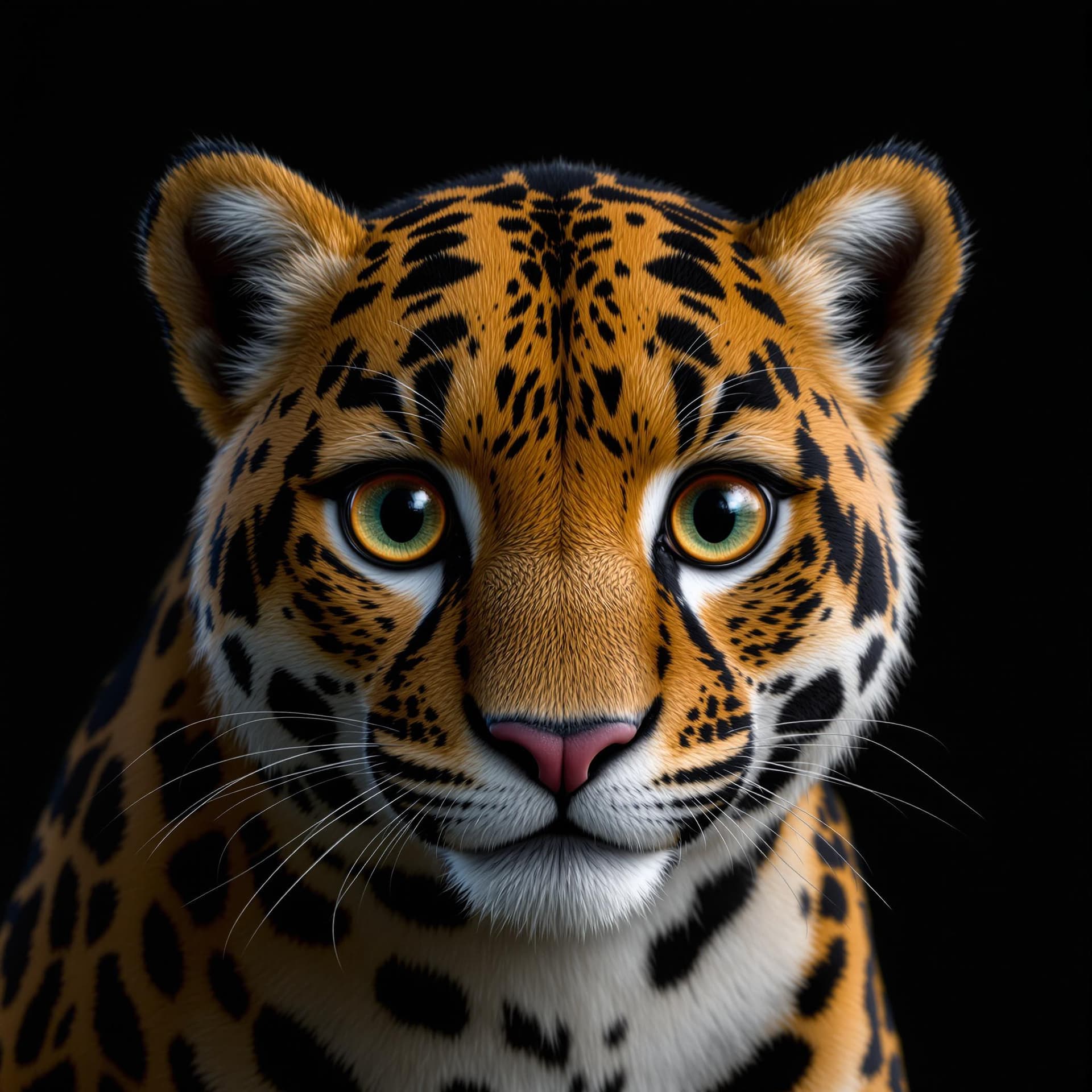 AI generated: 3D Portrait of a A cute and furry jaguar, big eyes, Dark Background setting, 8k