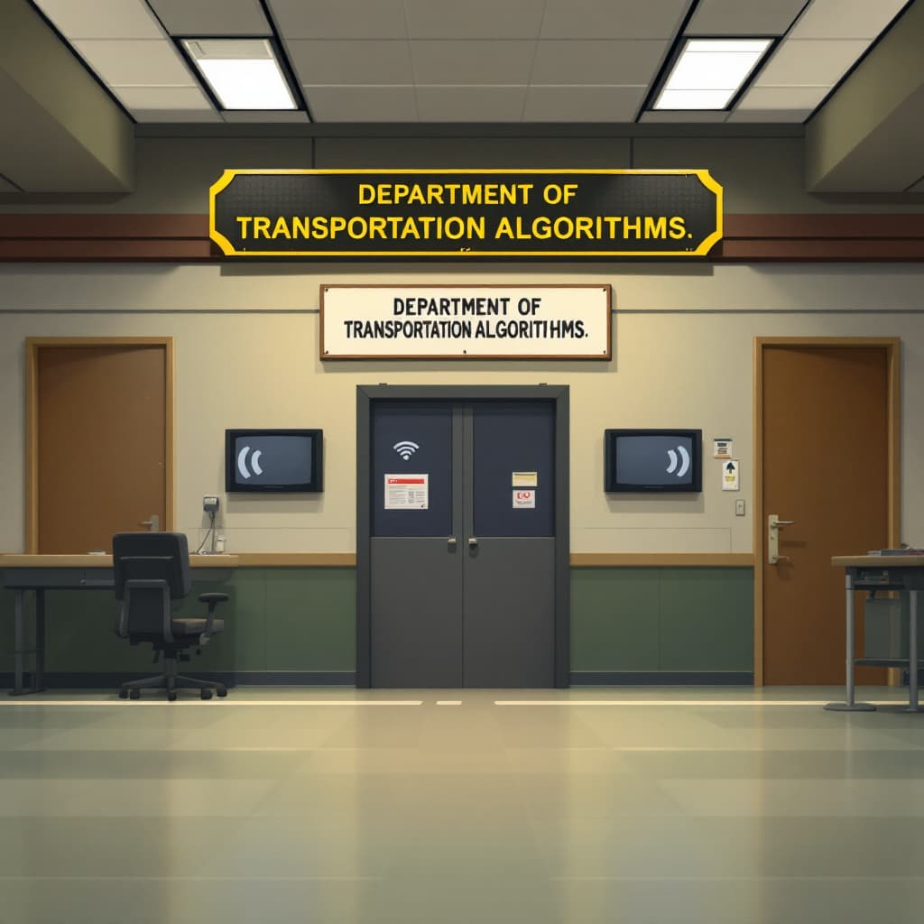 AI generated: Quick zoom-out to reveal the "traffic control room" is in a government building. A sign reads "Depar...