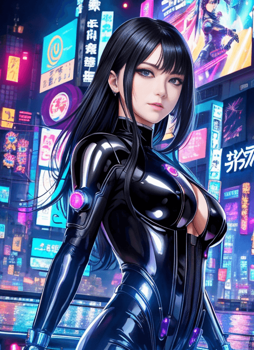 AI generated: <lora:Reika:0.45> Beautiful full body shot of Reika, black latex bodyshuit, straight black hair, sci...