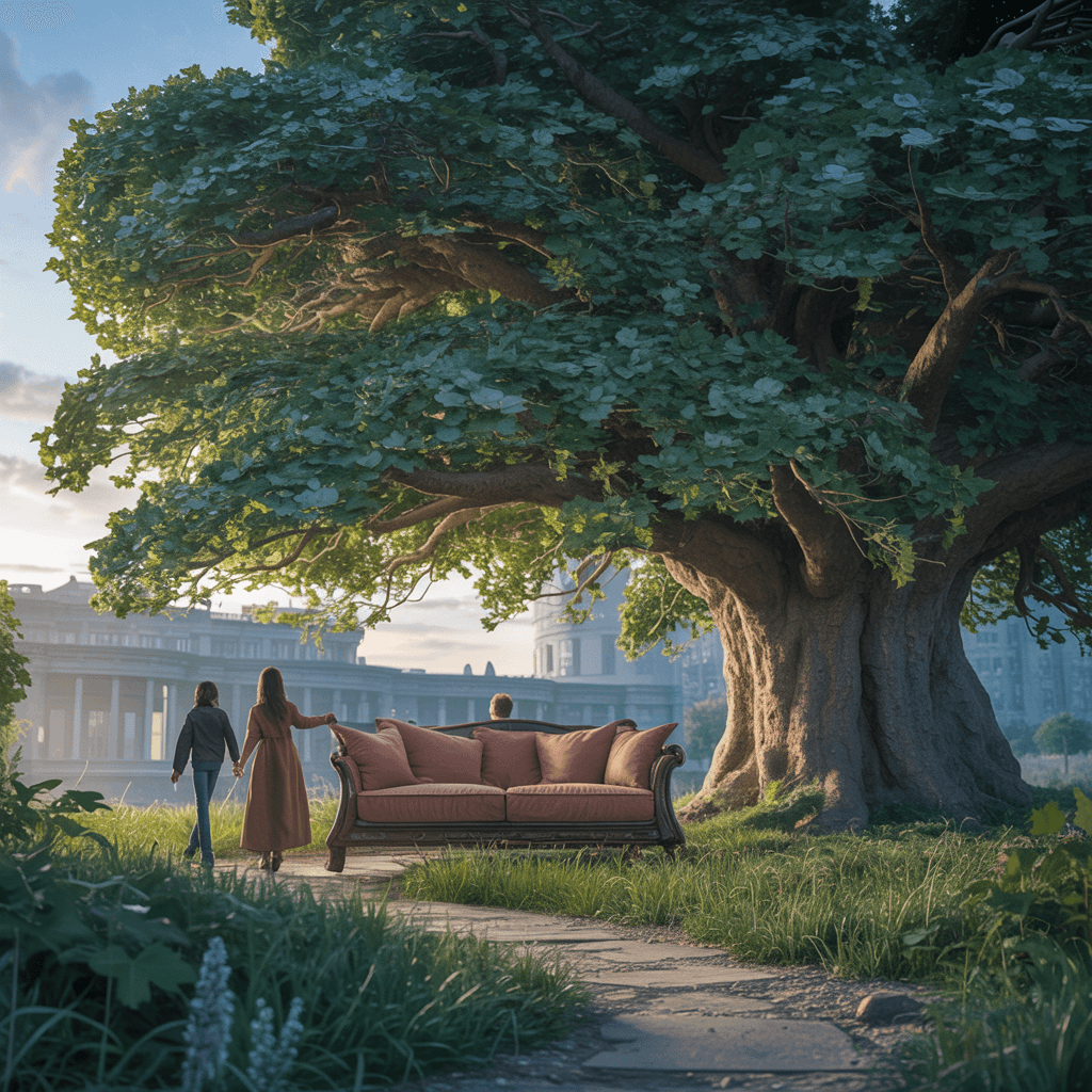 AI generated: .” The couch glided to a halt and settled down on the ground, nestling itself between some wide tree...