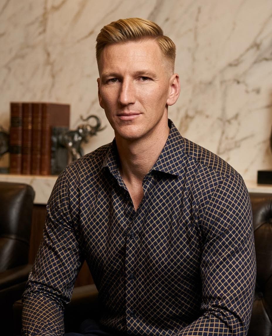 AI generated: Professional portrait of a 38-year-old white American man, golden blonde fade cut, broad shoulders, ...
