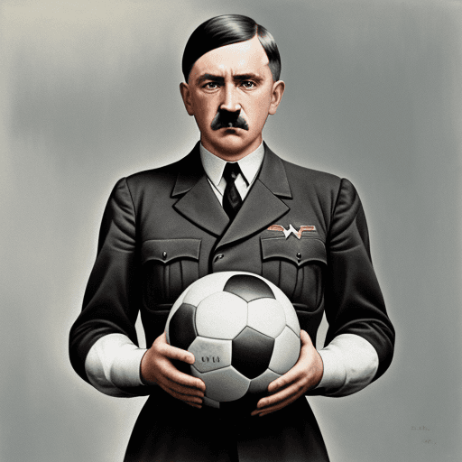 AI generated: Portrait of adolf hitler holding a soccer ball in color. Show the full soccer ball held centrally wi...