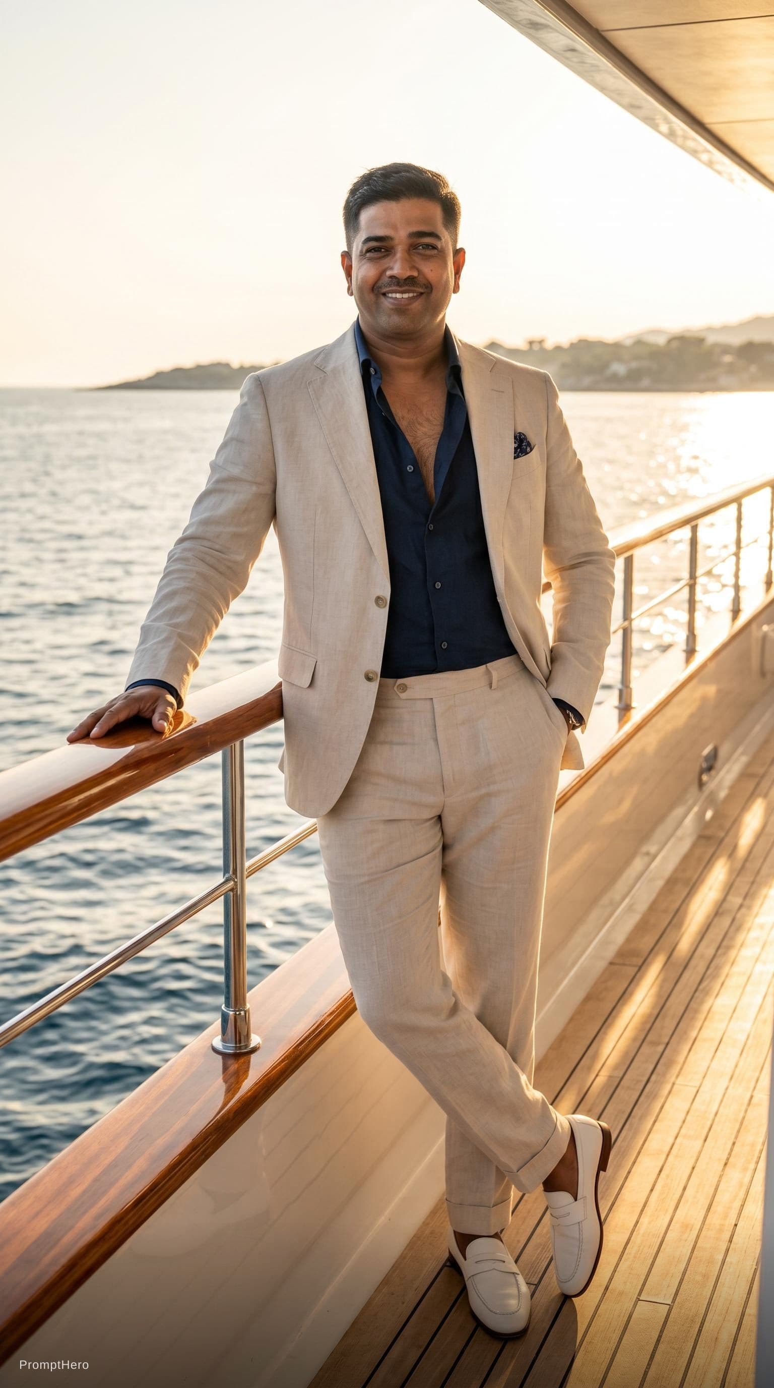 AI generated: Create a high-end fashion image of a male model wearing a tailored summer suit with an open shirt. P...