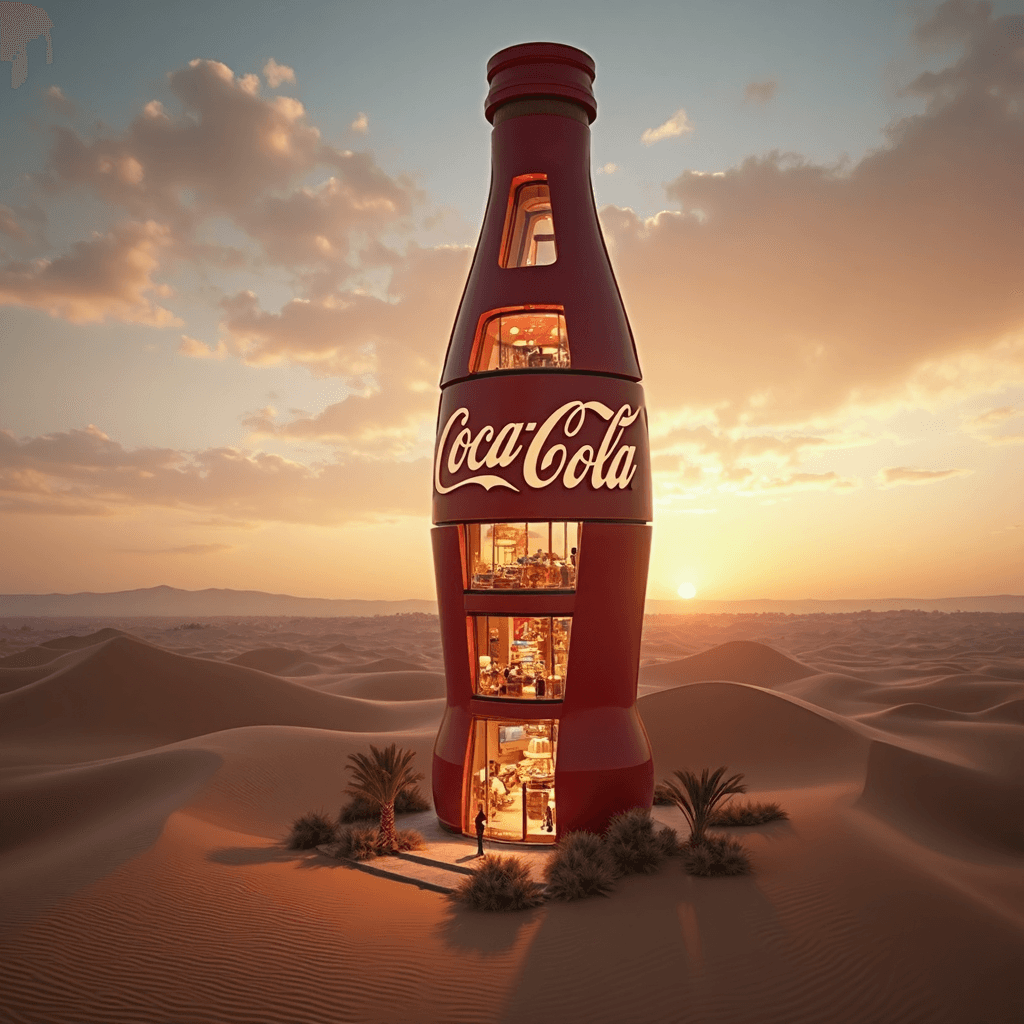 AI generated: photo dynamic angle of view of a building look like giant coca-cola bottle made as shopping center i...